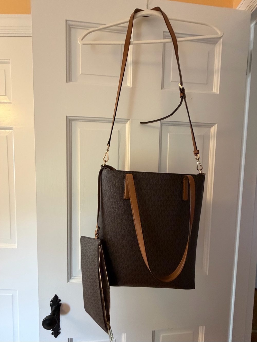 Michael Kors Brown Logo-Print Tote with Tan Straps and Removable Pouch